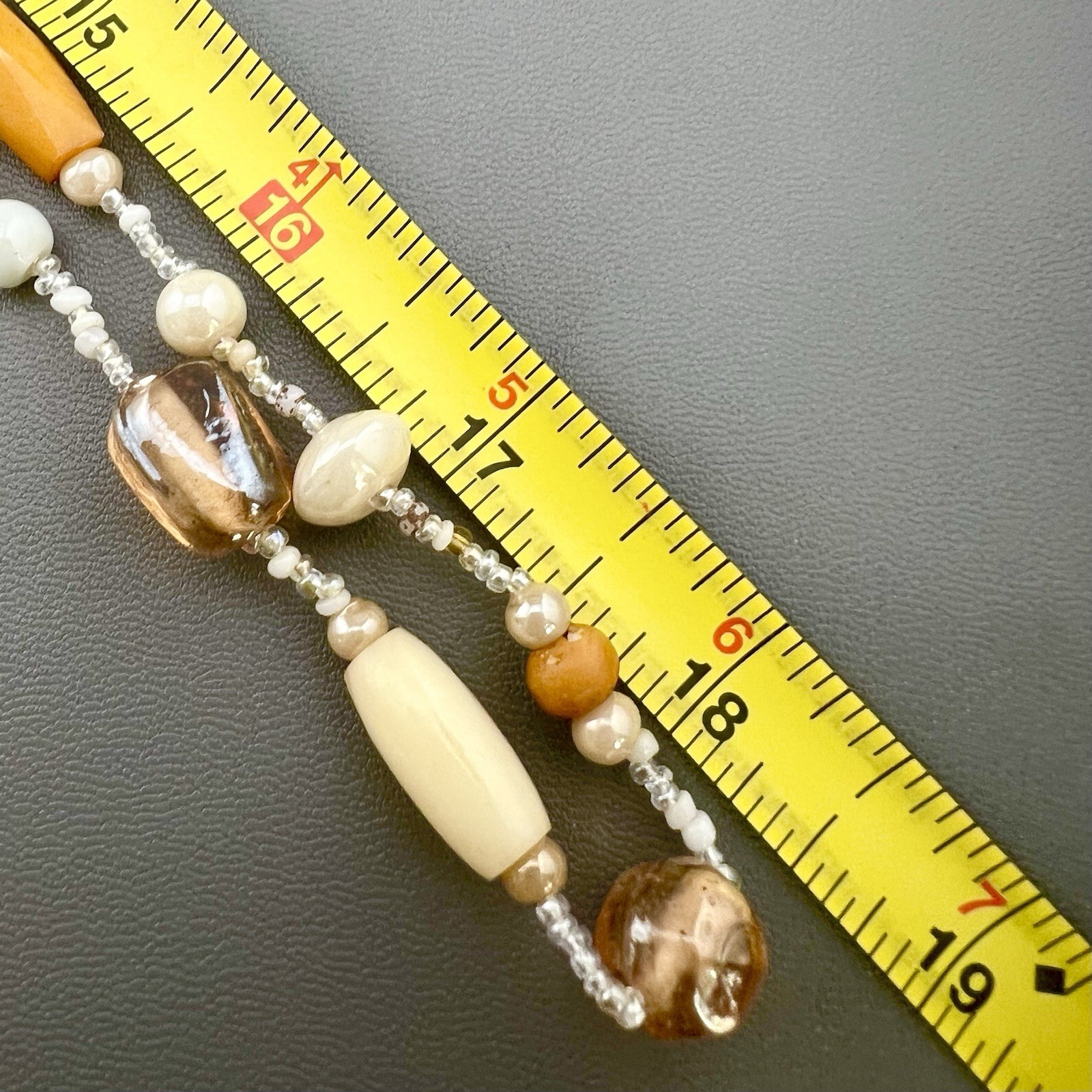 Vintage Necklace Art Glass Beaded Cream Orange White Brown 37”