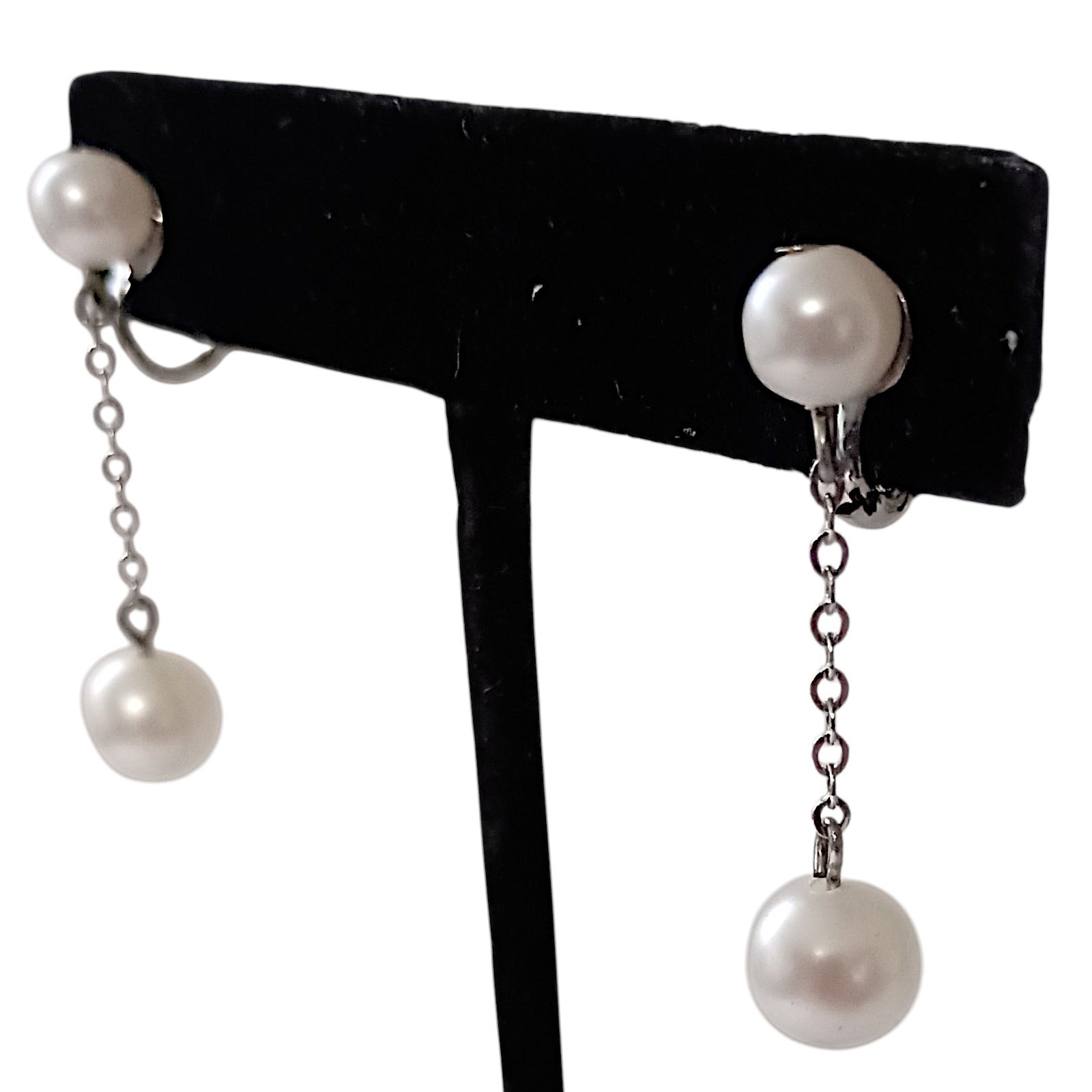 Vintage Faux Pearl Chain Dangle Earrings Dainty Delicate Silver Tone Elegant