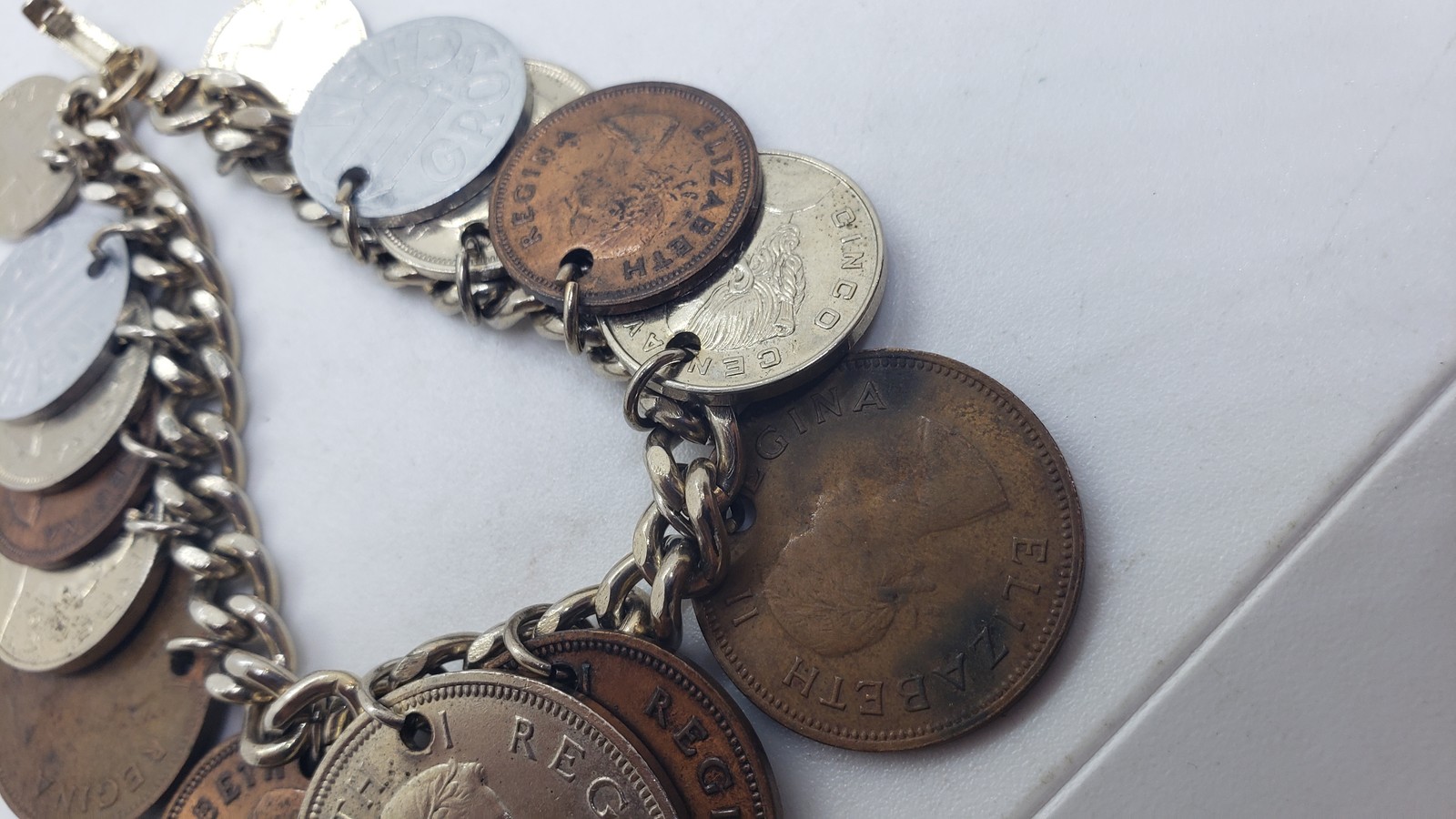 Vintage Coin Charm Bracelet Souvenir Mixed Coins Queen Elizabeth Regina Collect