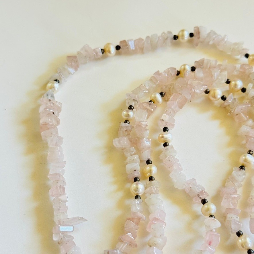 VTG Rose Quartz pink Beaded Necklace natural genuine stone pearl beads rare 40″