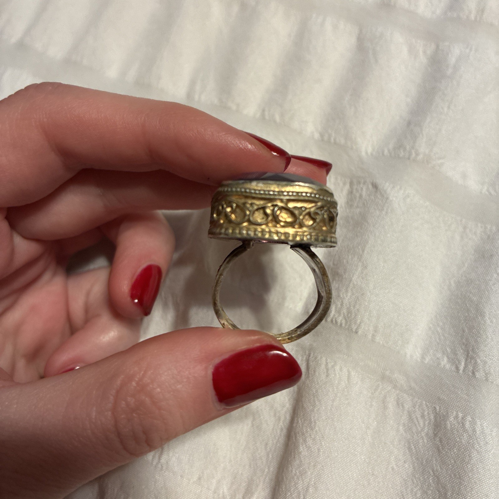 Vintage Large Purple Crystal 925 Sterling Silver Gold Ring Adjustable One Size