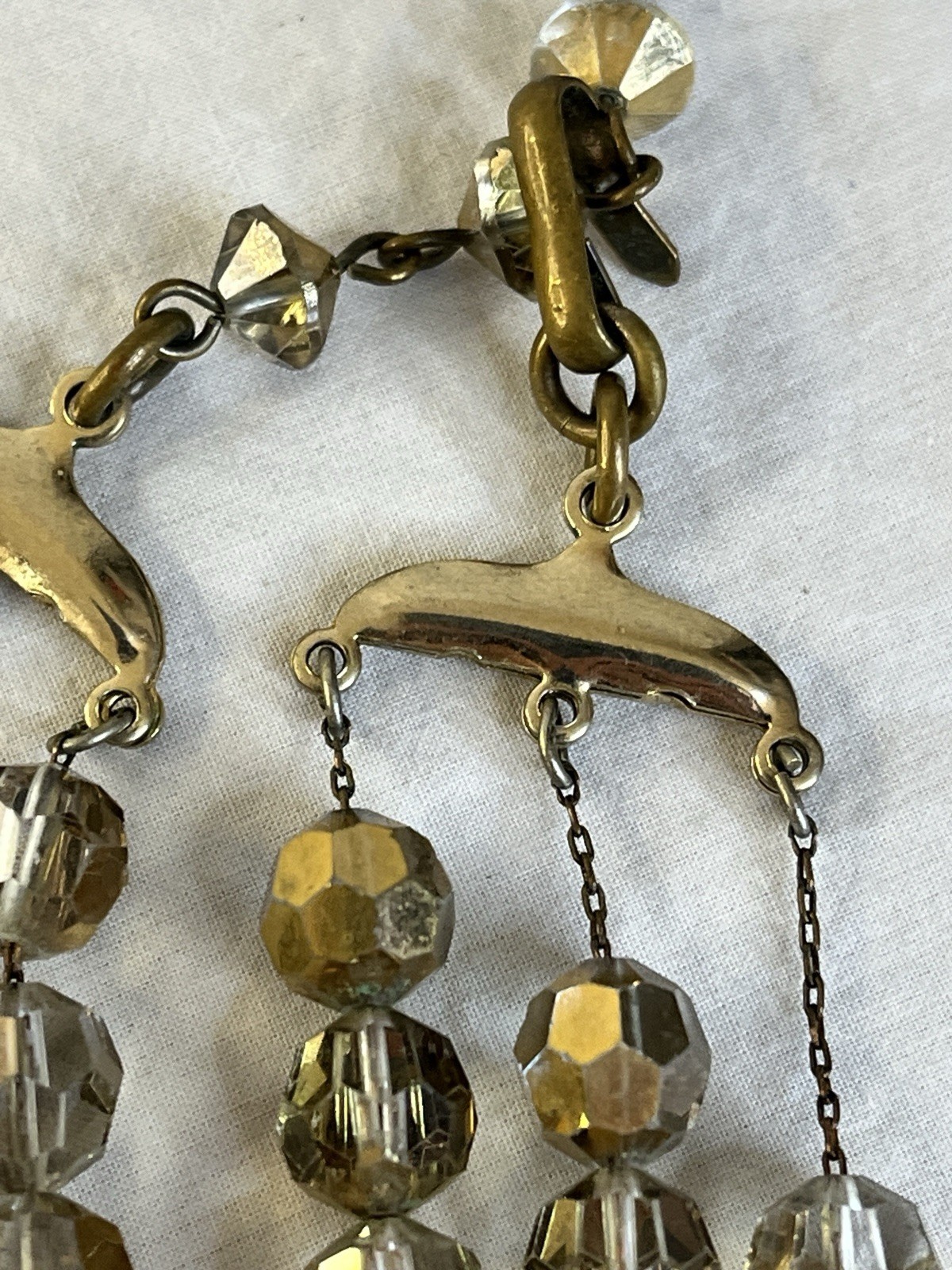 Silver Gold AB Beaded Necklace and Clip On Earrings Set Three Strand Necklace