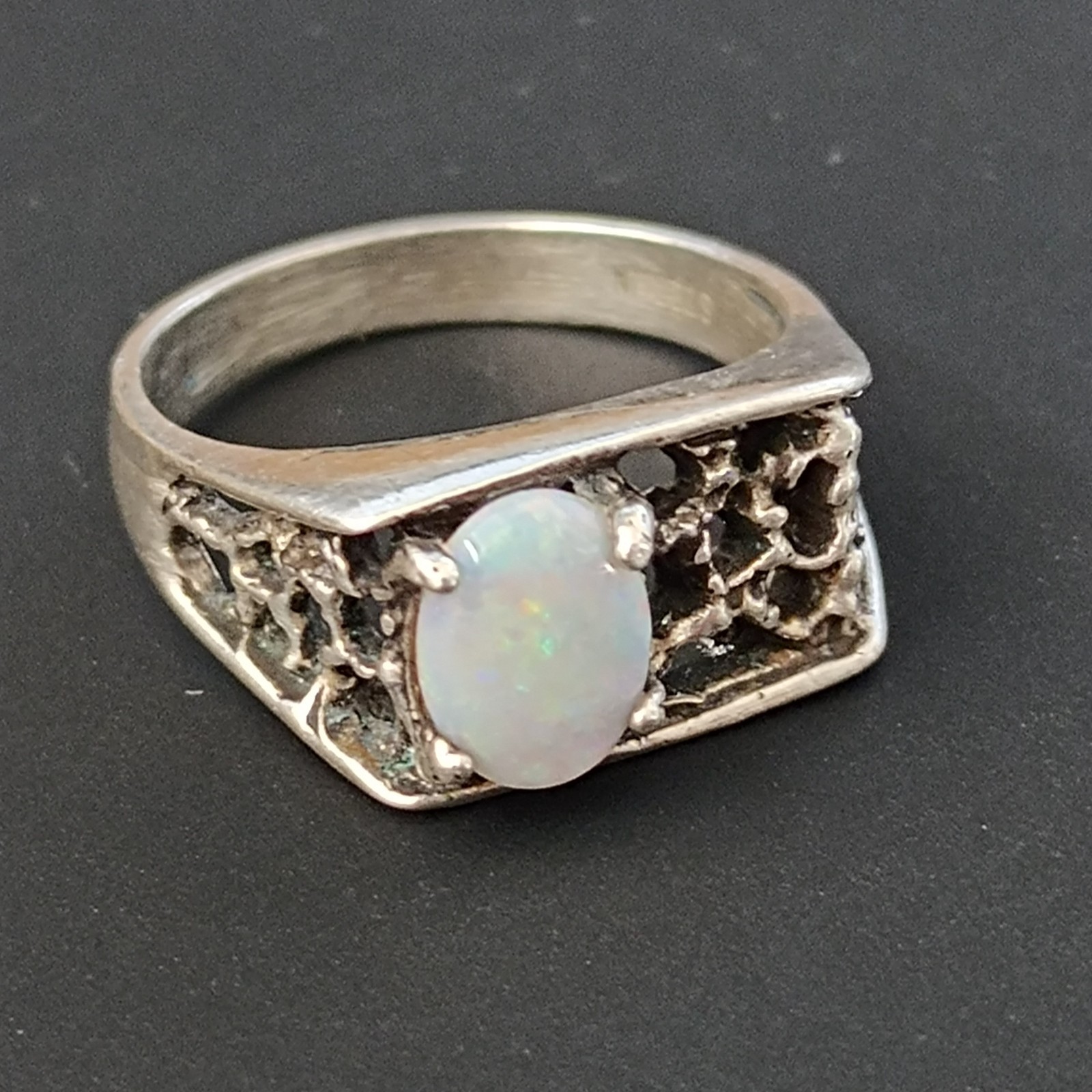 Vintage Opal Ring Silver Brutalist Modernist Israeli Men’s Pinky Women Abstract
