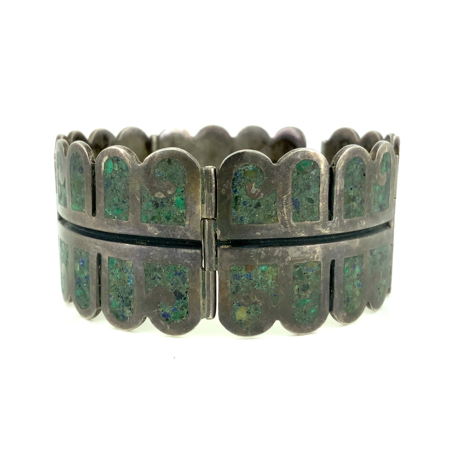 RQH Vintage Mexican Turquoise Chip Inlay, Sterling Silver Hinged Panel Bracelet