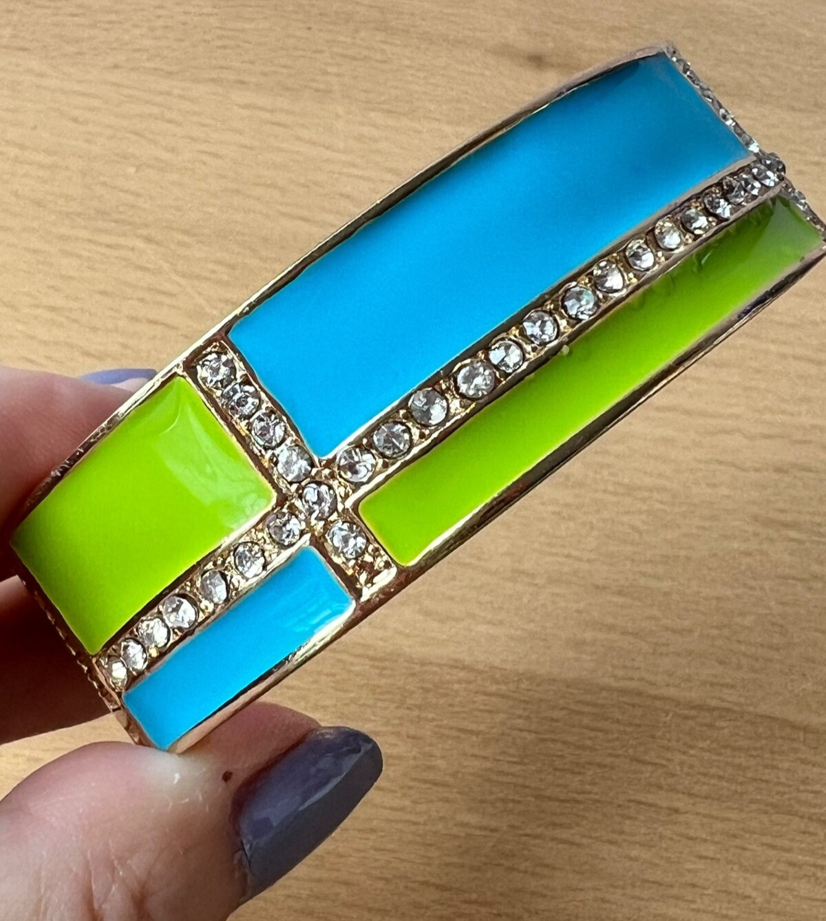 VINTAGE VIVID NEON GREEN & BLUE ENAMEL RHINESTONES HINGED WIDE BANGLE BRACELET