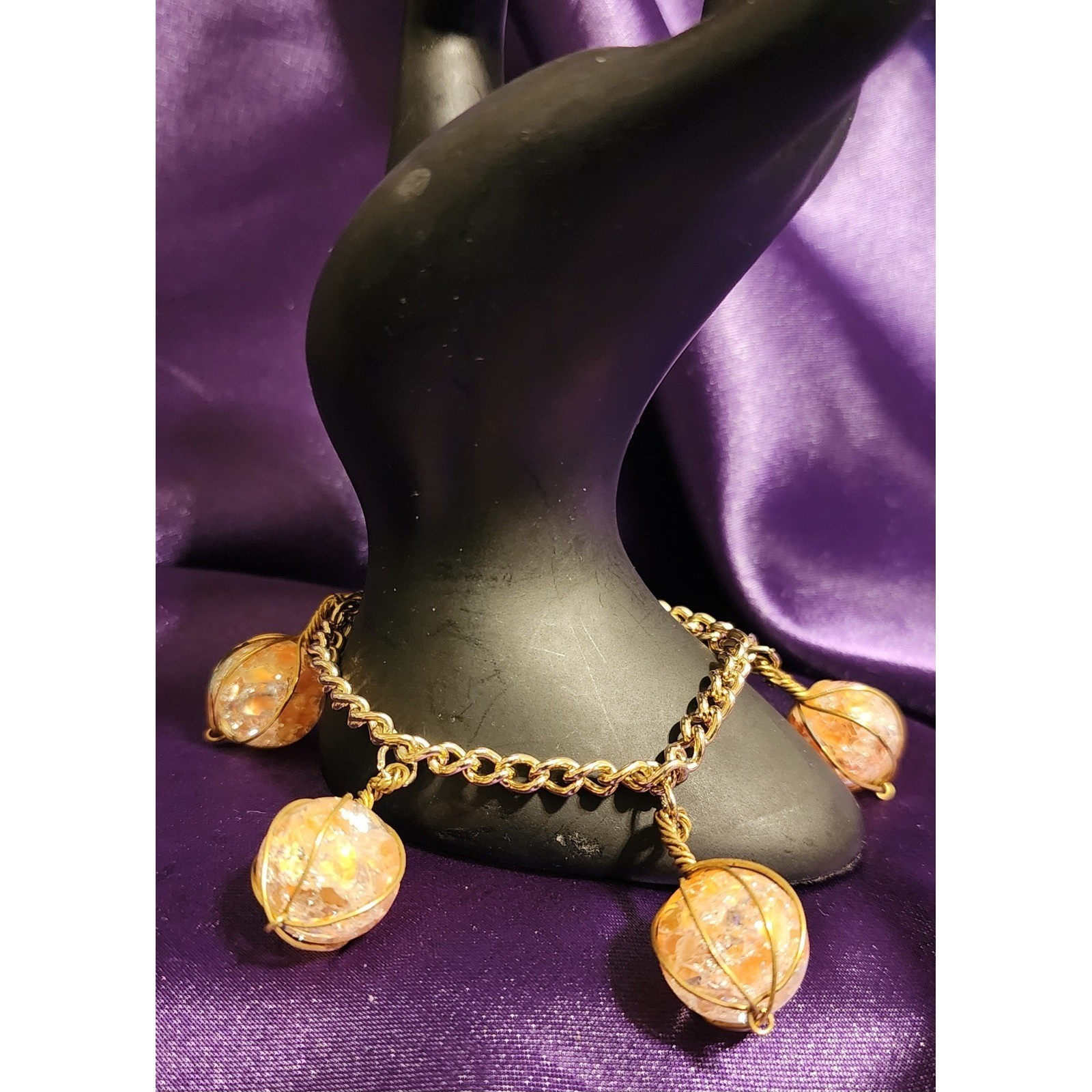 Orange Crackle Glass Orb Wire Wrapped Charm Bracelet Size 6.5