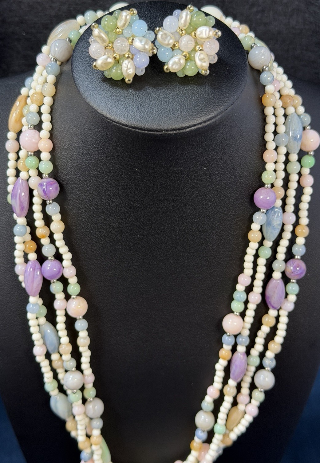 Vintage Multi Strand Glass Beaded Necklace Earrings Set 3 PC Lavender Pastels