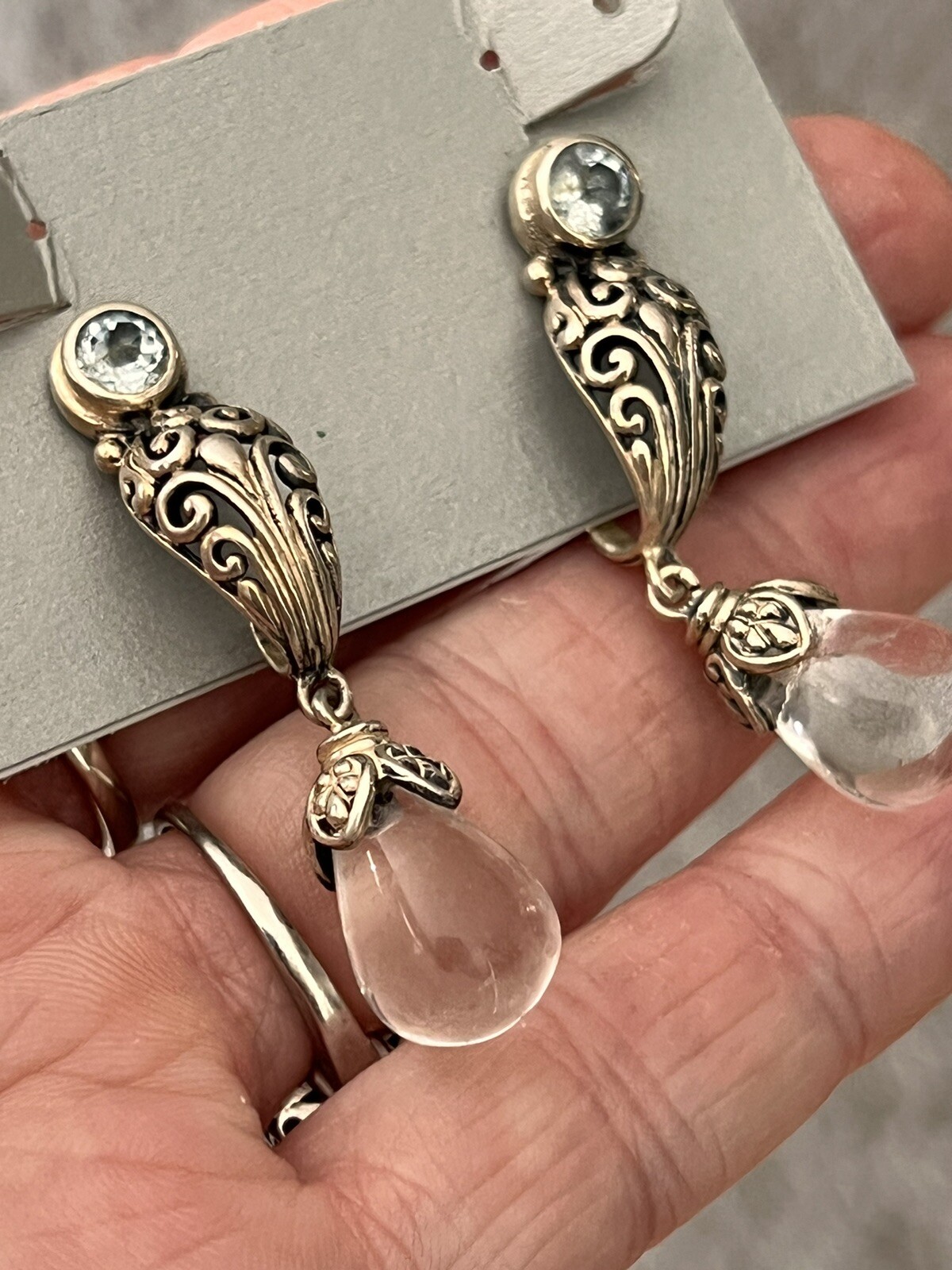 Beautiful NF Sterling 925 Blue Topaz & Quartz Drop Dangle Ornate Earrings