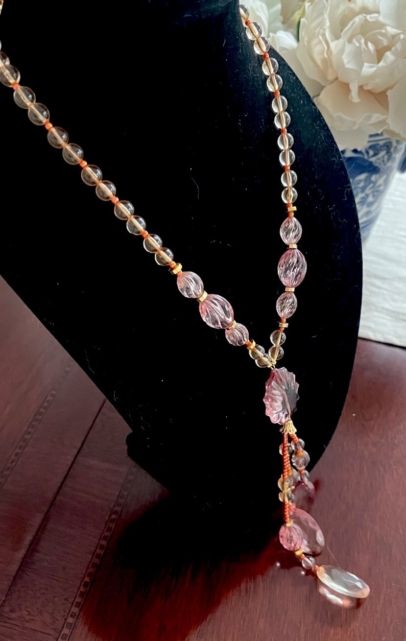 Vintage Lucite Faceted Beaded Blush Pink Tassel Necklace