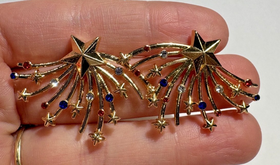 NEW Sugarfix USA Red Blue Rhinestone Fire works Star Stud Gold tone Earrings