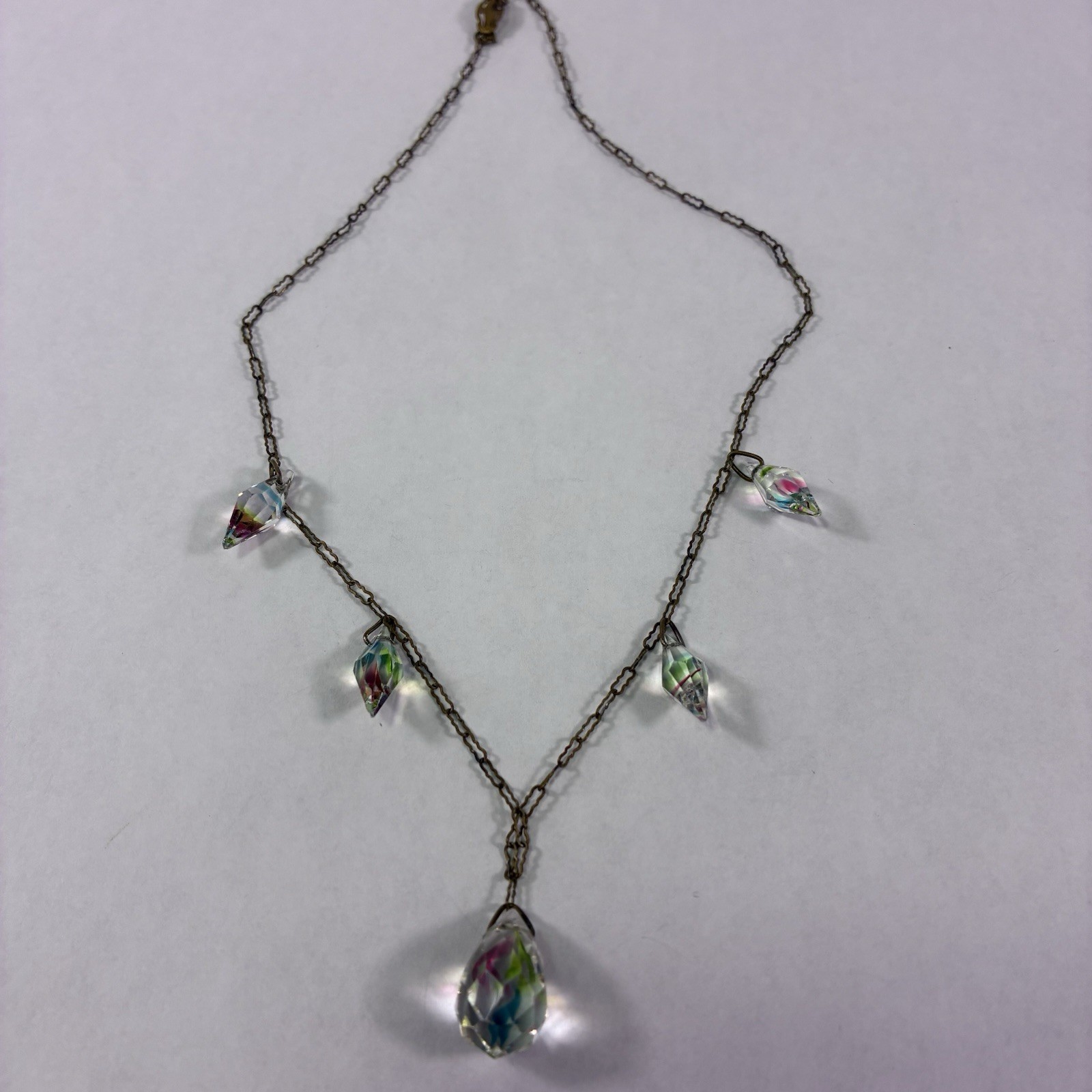 Vintage Czech Art Deco Iris Bicone Glass Rainbow Necklace Dangle Antique