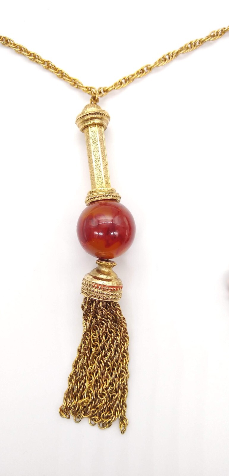 Amber Honey Topaz Color Beads Necklaces Lot of 6 Gold Tone Tassel Filigree Vinta