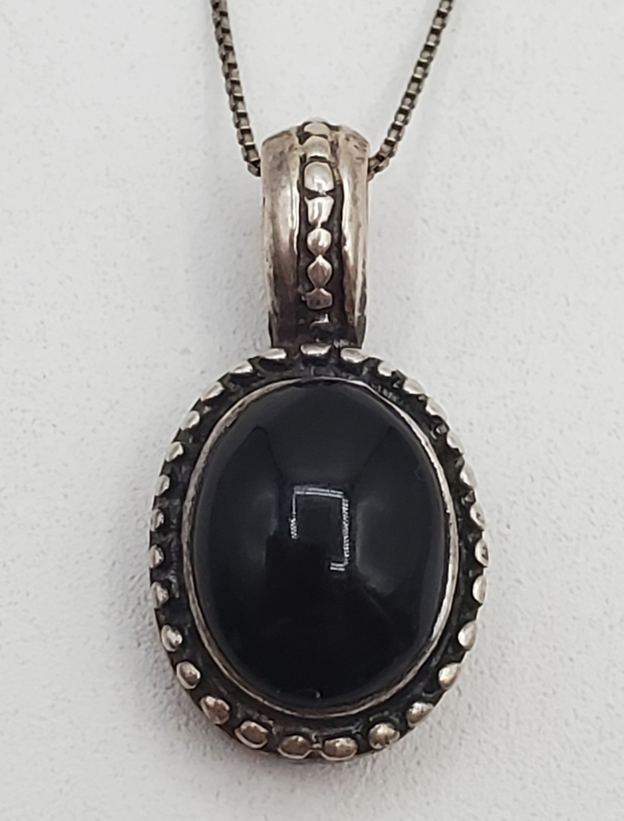 MEX 925 ATI Black Onyx Necklace 23in Sterling Silver 9gtw Box Chain VTG Estate
