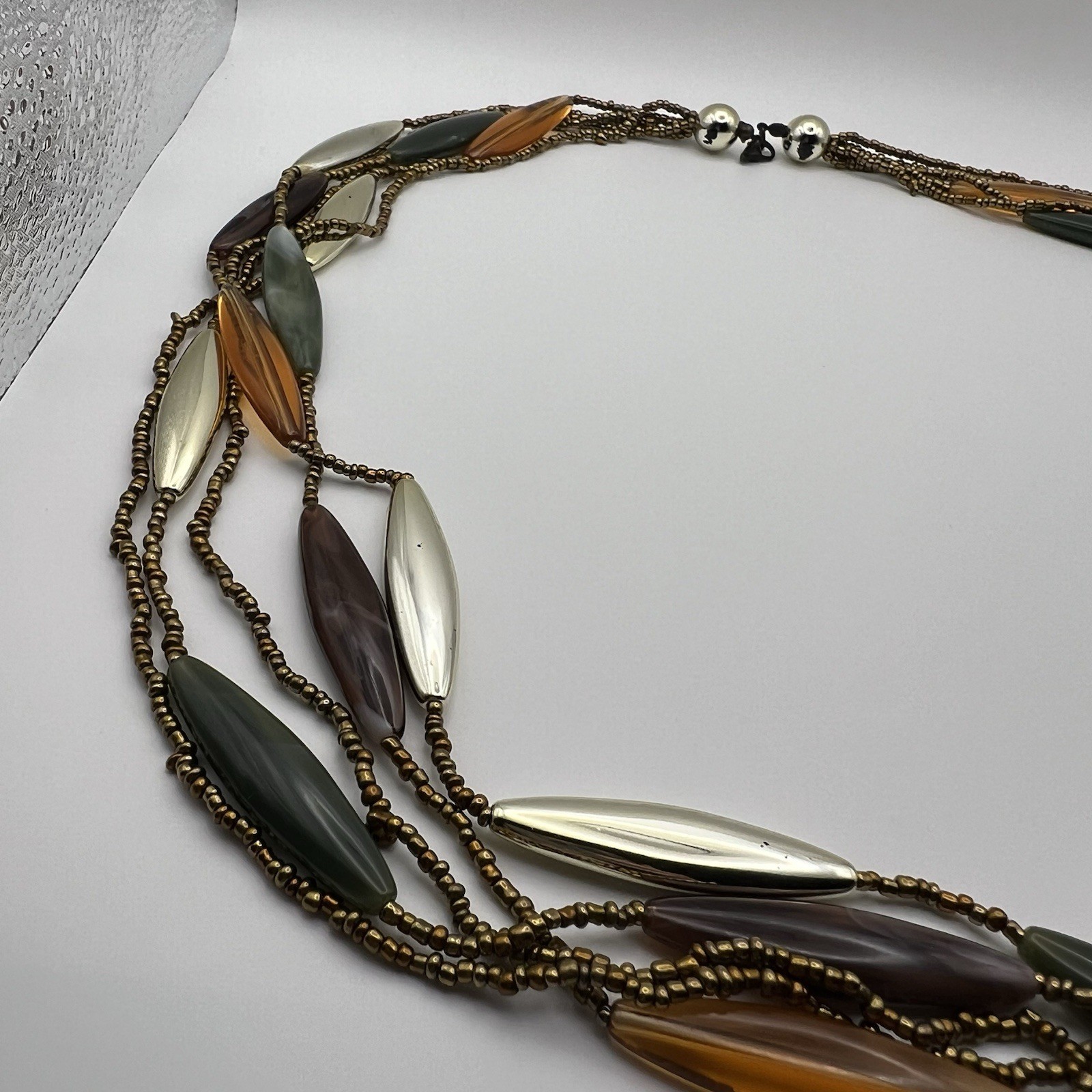 Vintage Plastic & Small Glass Beaded Necklace 32” End to End Beading Warm Colors