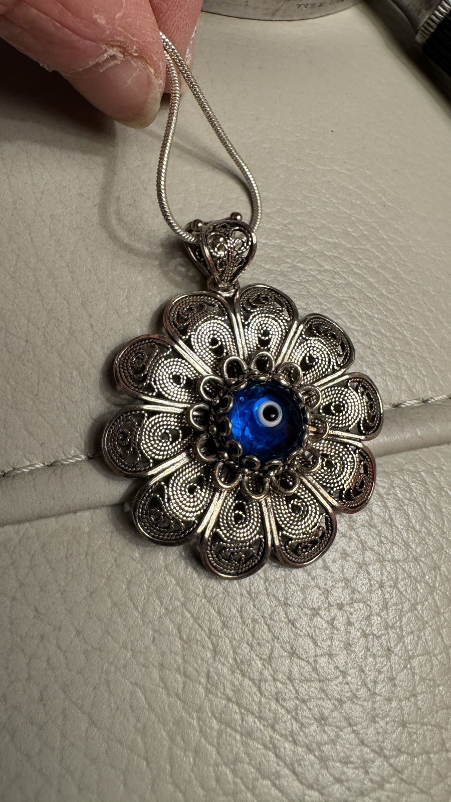 VTG Signed DGS Sterling Silver Filigree Glass Evil Eye Necklace Pendant only QVC
