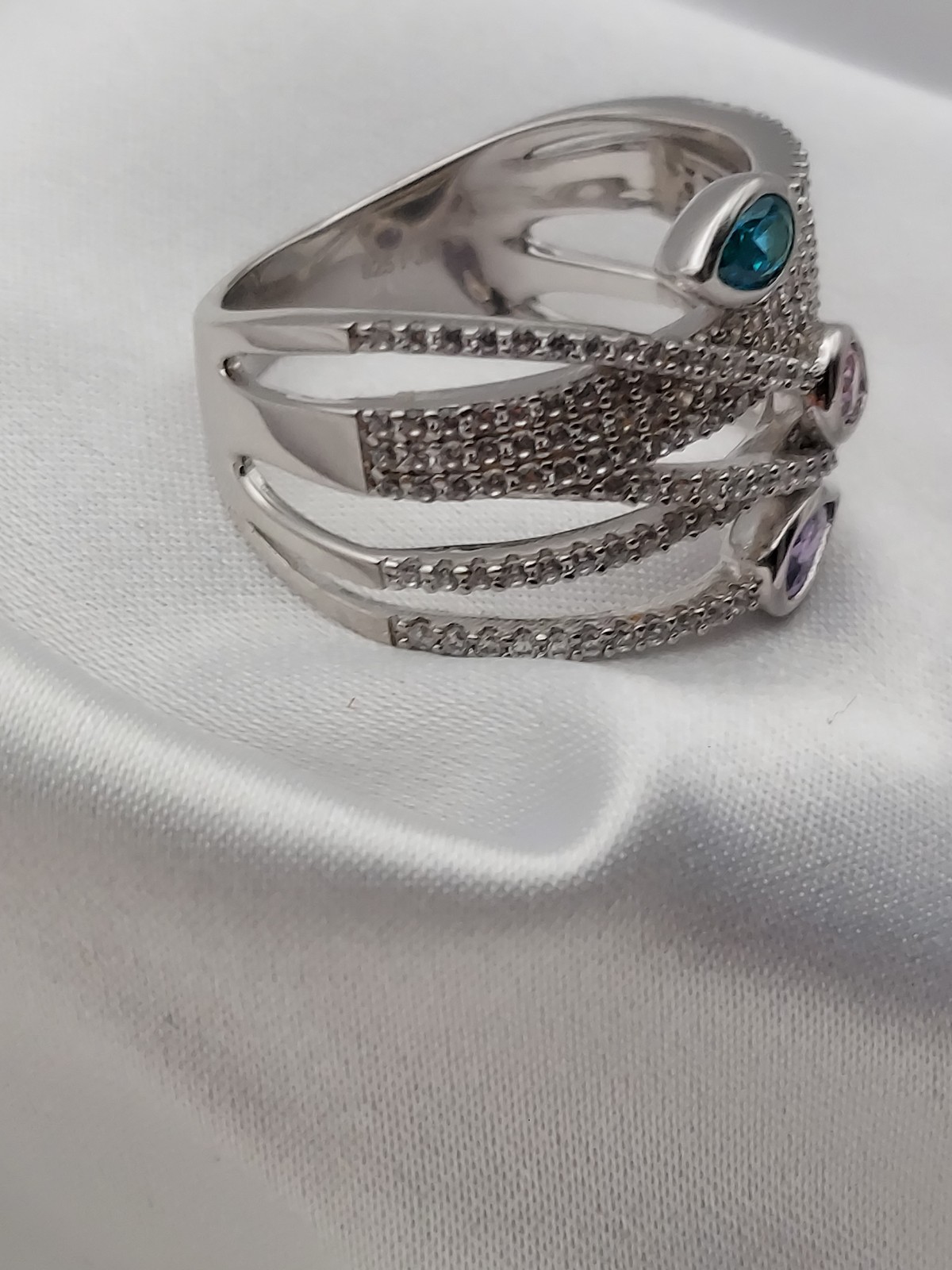 Vintage PJM 6Band Sterling Crystal Muti Color Pear Cut Gemstones Ring 5.9Gr Sz8