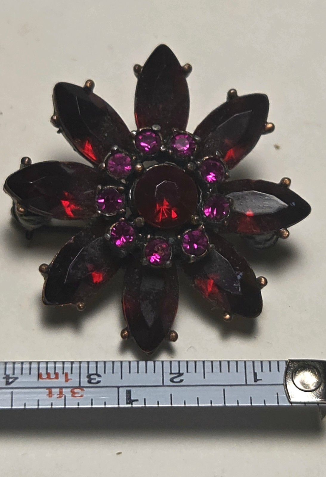 Red Marquis & Fuchsia Crystal Flower Brooch – Victorian-Style Accent – 1.75”