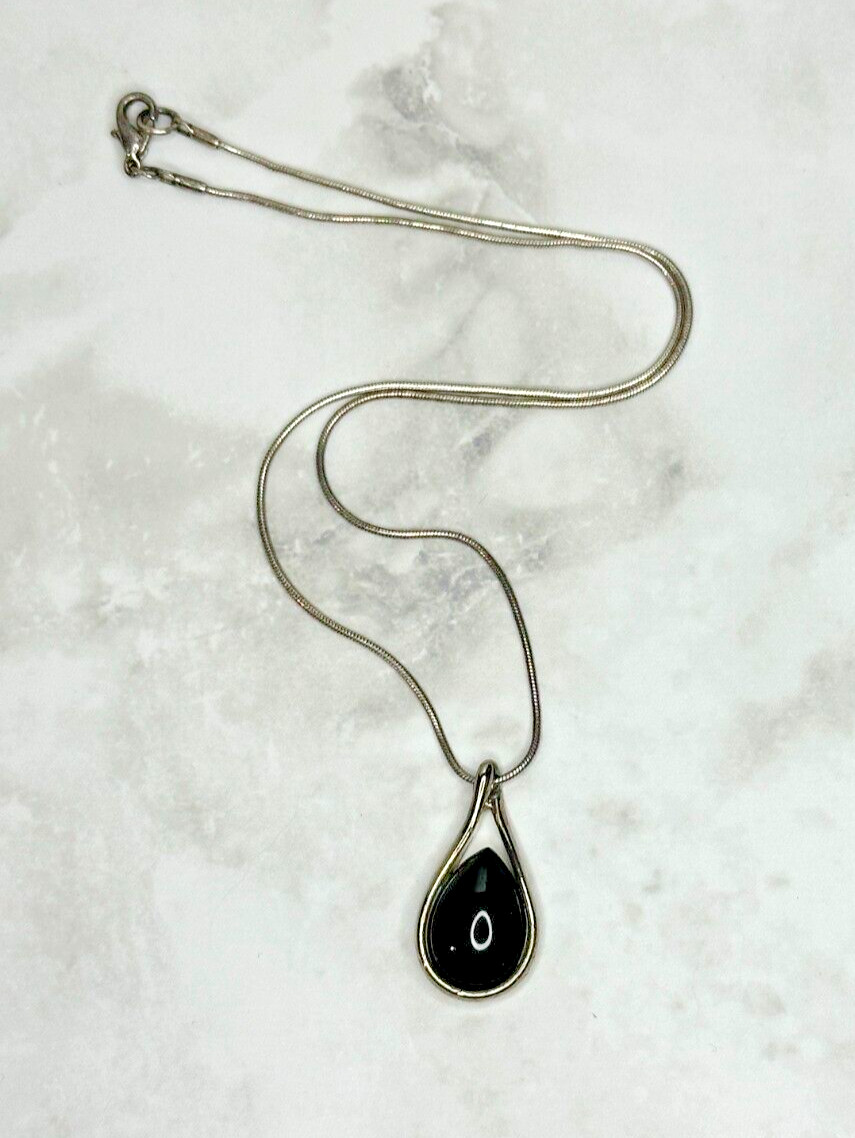 Silver Tone Necklace with Black Teardrop Cabochon Pendant – 16″