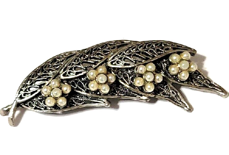 Vintage Floral Signed Tacoa Brooch Pin, Silver-tone Filigree Leafs & Flowers