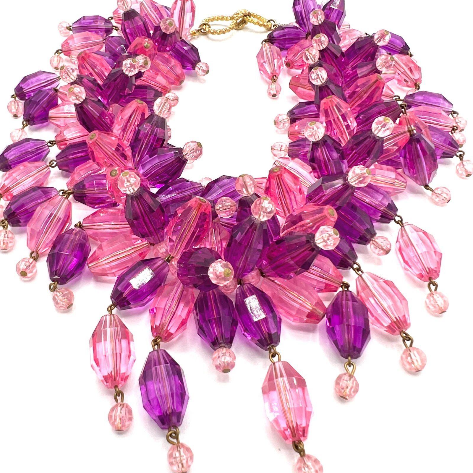 Vintage Pink Purple Faceted Bead Bib Necklace 1960s Cha Cha Fringe Necklace