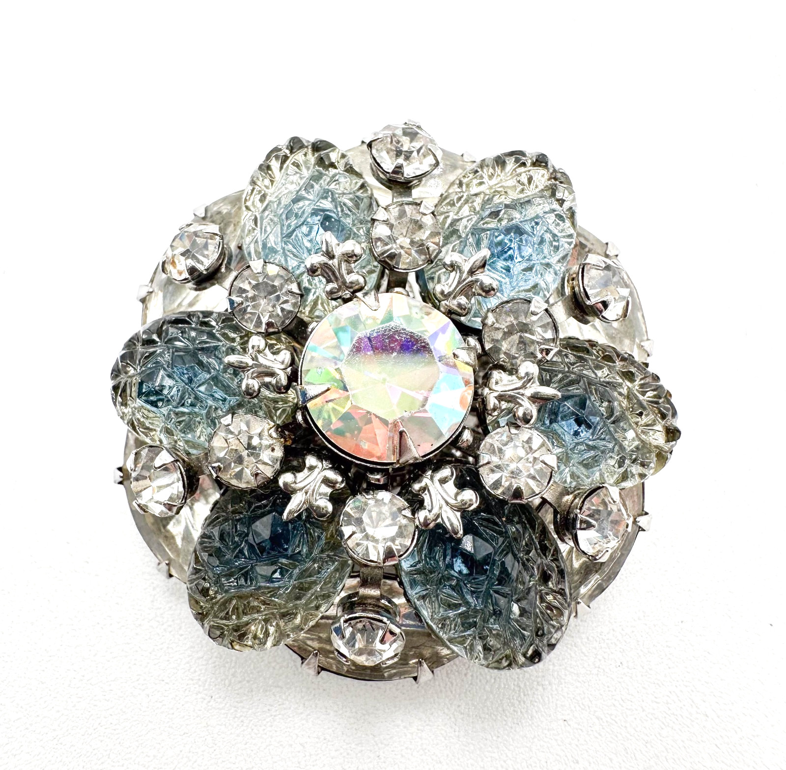 Vintage Brooch AB Icy Blue Molded Stones Silver Tone Tiered Rivet Unsigned 1.5″D