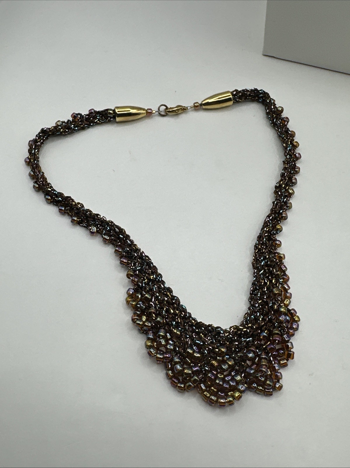 Vintage Iridescent Bead Fringe Collar Bib Crochet Choker Necklace 18”