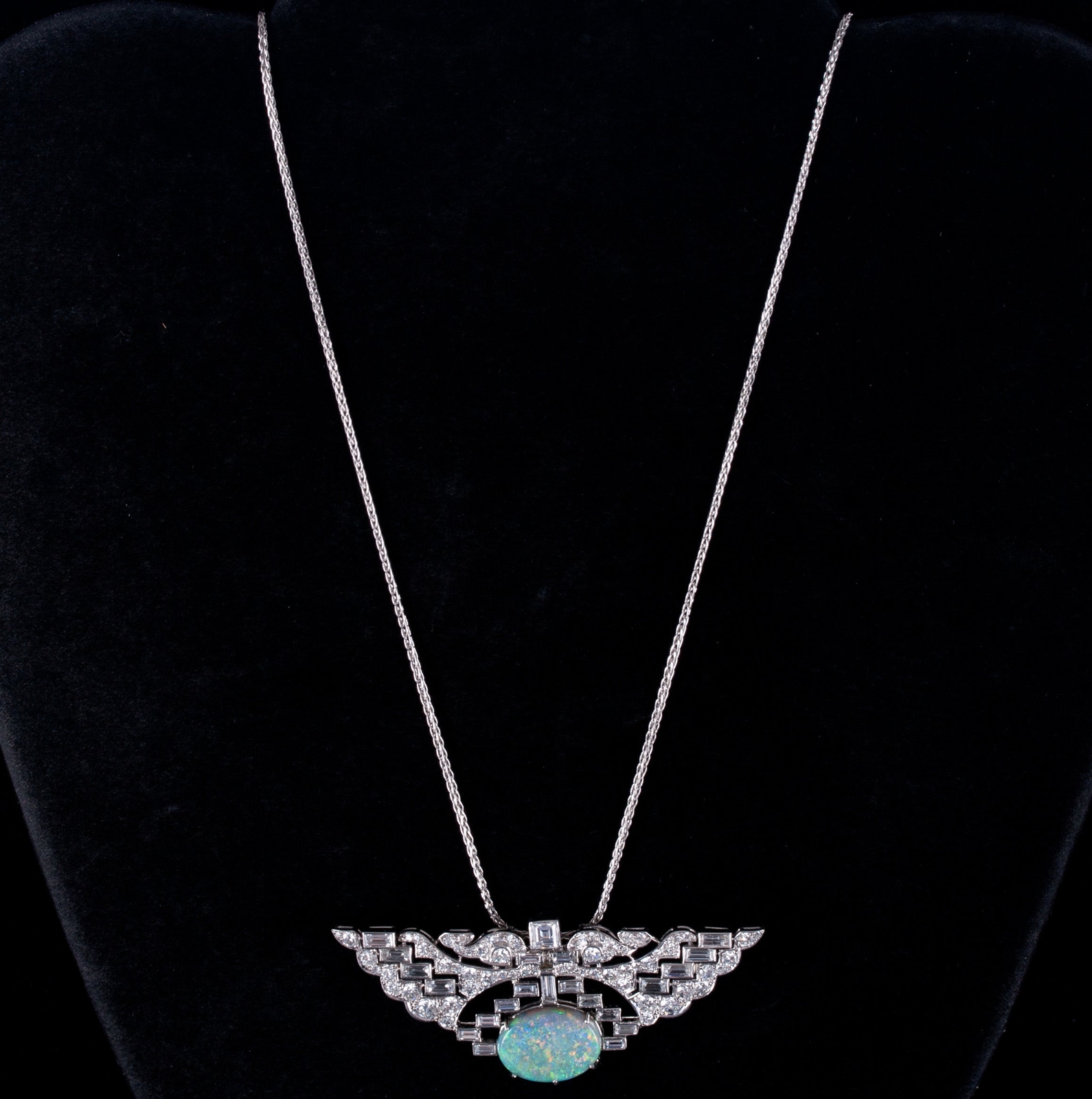 Vintage 1930’s .950 Platinum Oval Cabochon AAA Opal Diamond Necklace 7.89ctw