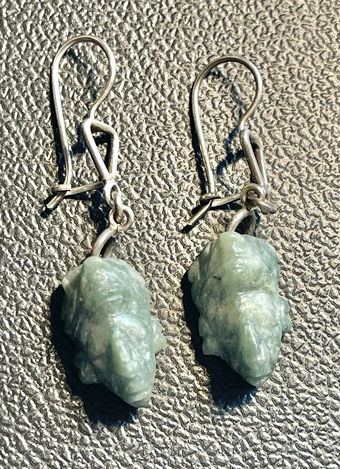 Vintage Mayan Aztec Mask Head Dangle Earrings Green Face Jade (?) Stone Silver