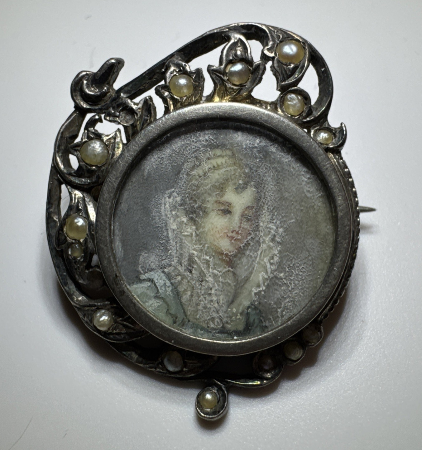 Antique Miniature Hand Painted Lady Rococo Portrait Brooch Seed Pearls READ