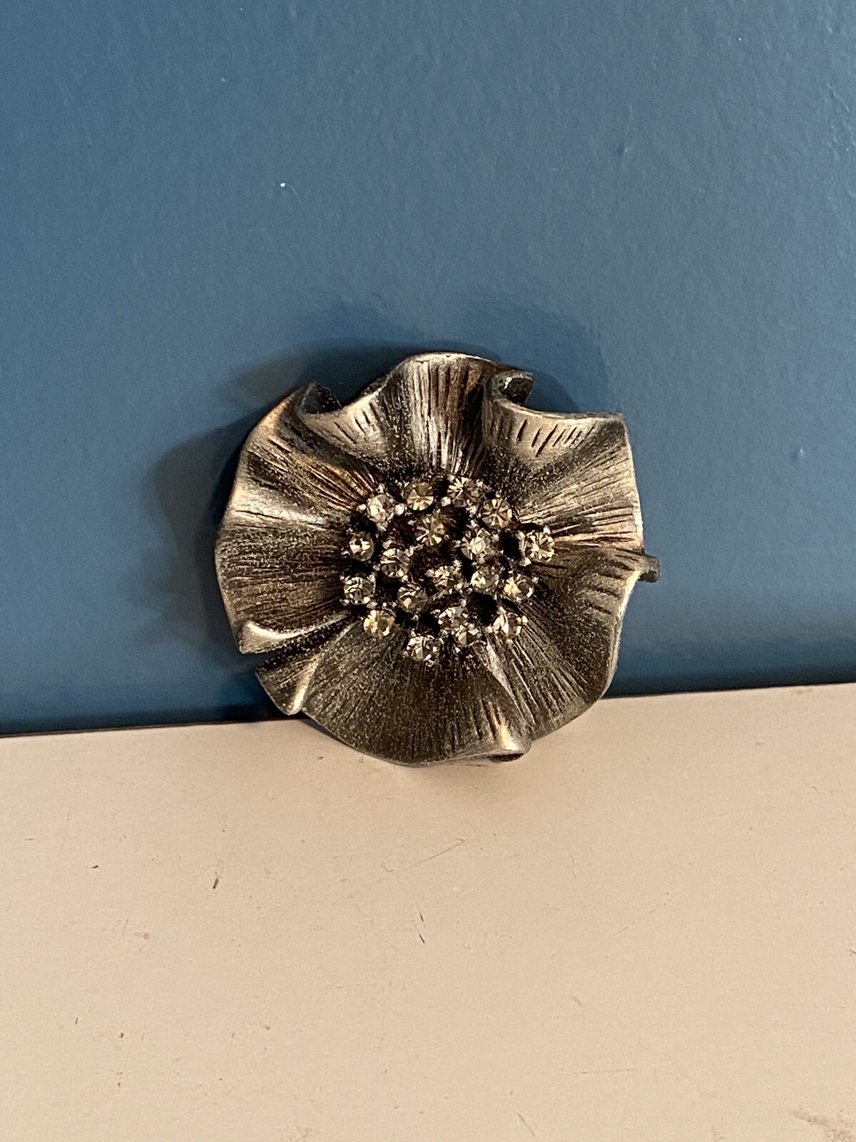 Flower Brooch Pewter Smoked Rhinestone Center 1.75” Wide Textured or Pendant