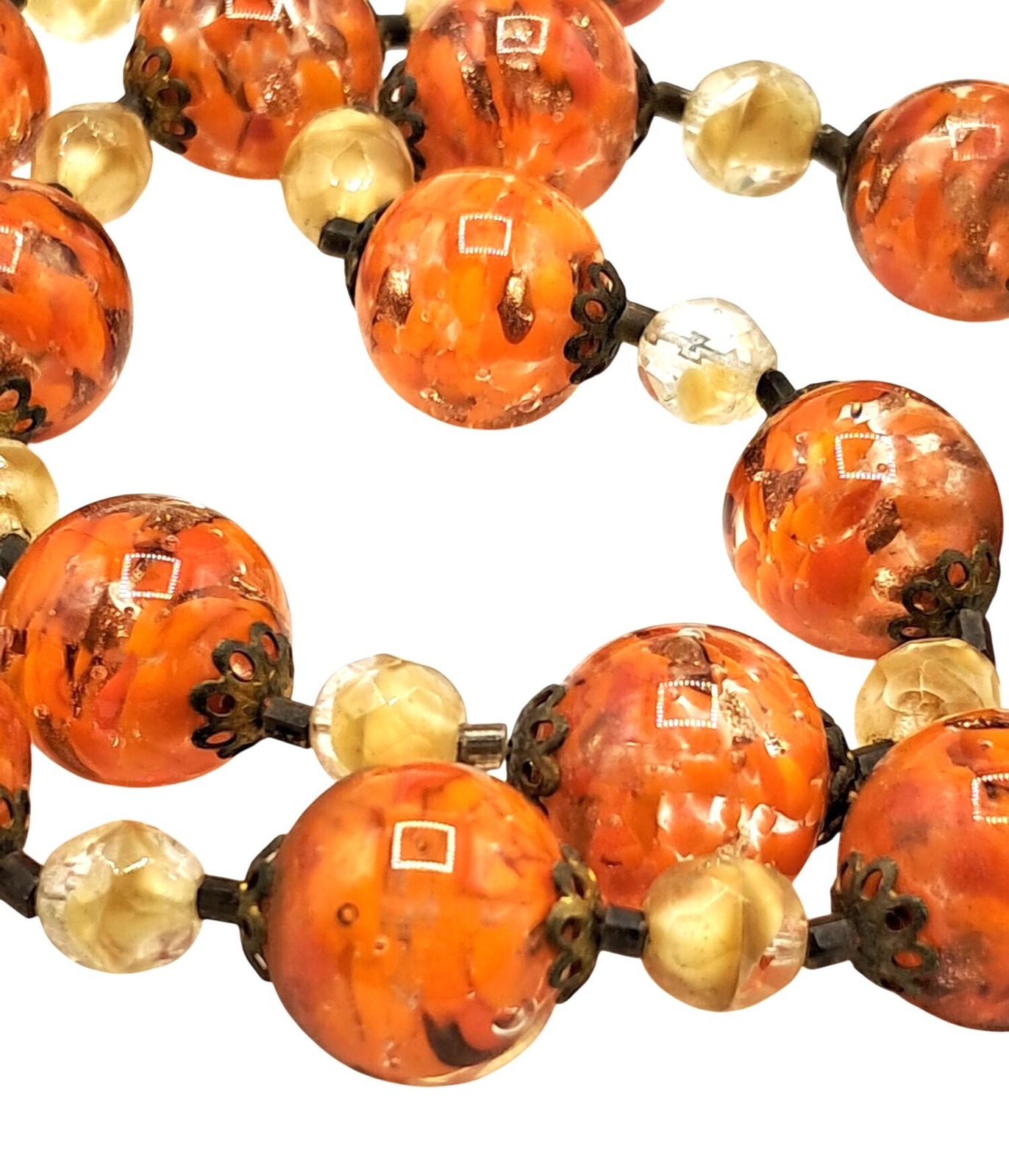 Vintage Murano Glass Necklace Orange Gold Givre Clear Cream Beaded Single Strand