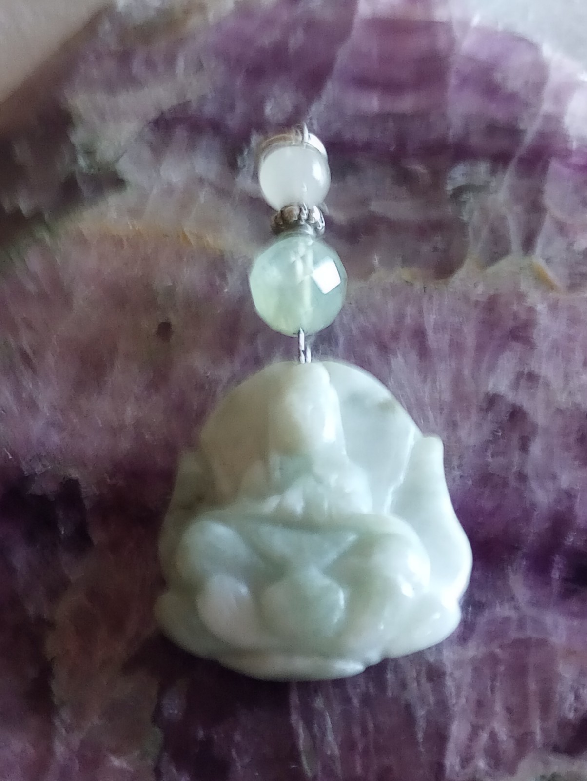 ESTATE HAND CUT JADE QUAN YIN ON A LOTUS W/ HEALING WATER PENDANT JEM STONES