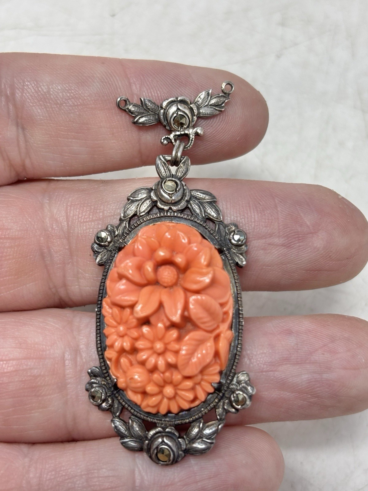 Art Deco Molded Glass Coral Marcasite Pendant Flower Design