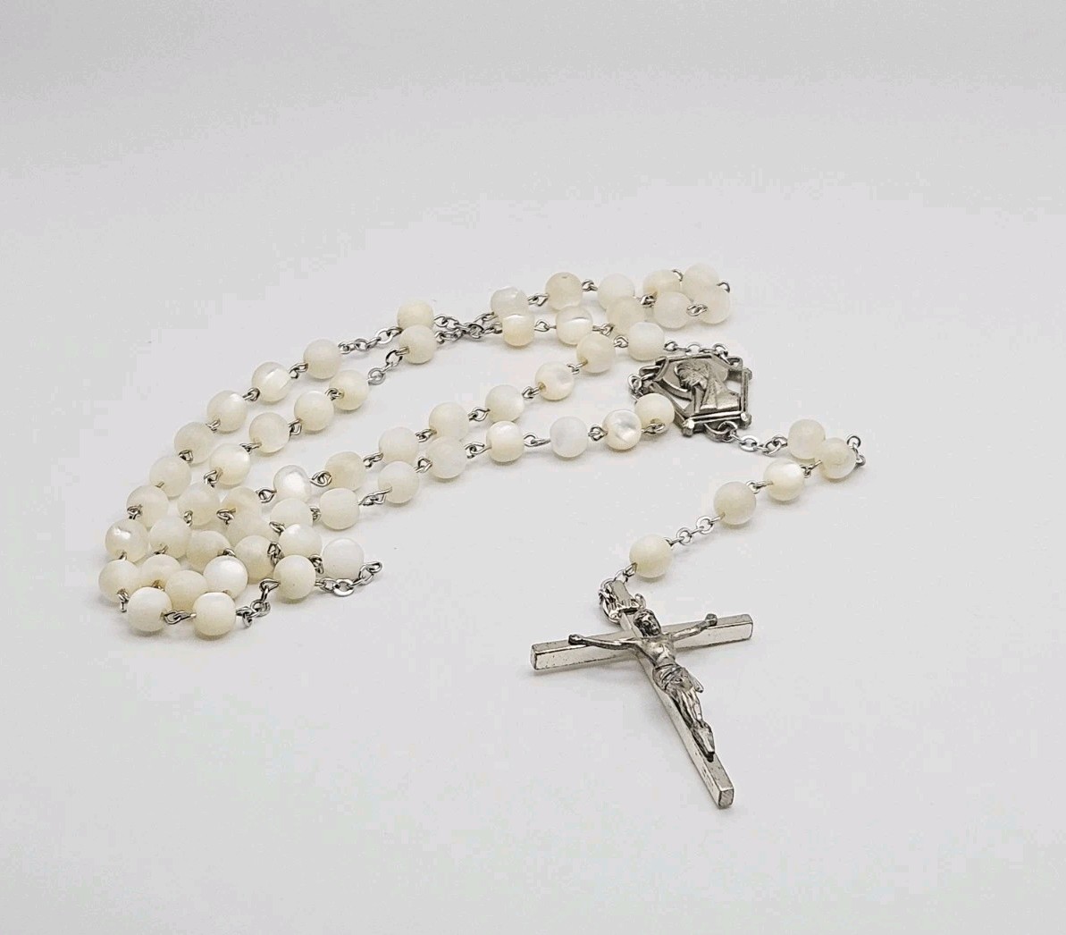 Gale Sterling Silver Mother Of Pearl Beaded Rosary Lariat Necklace 27″