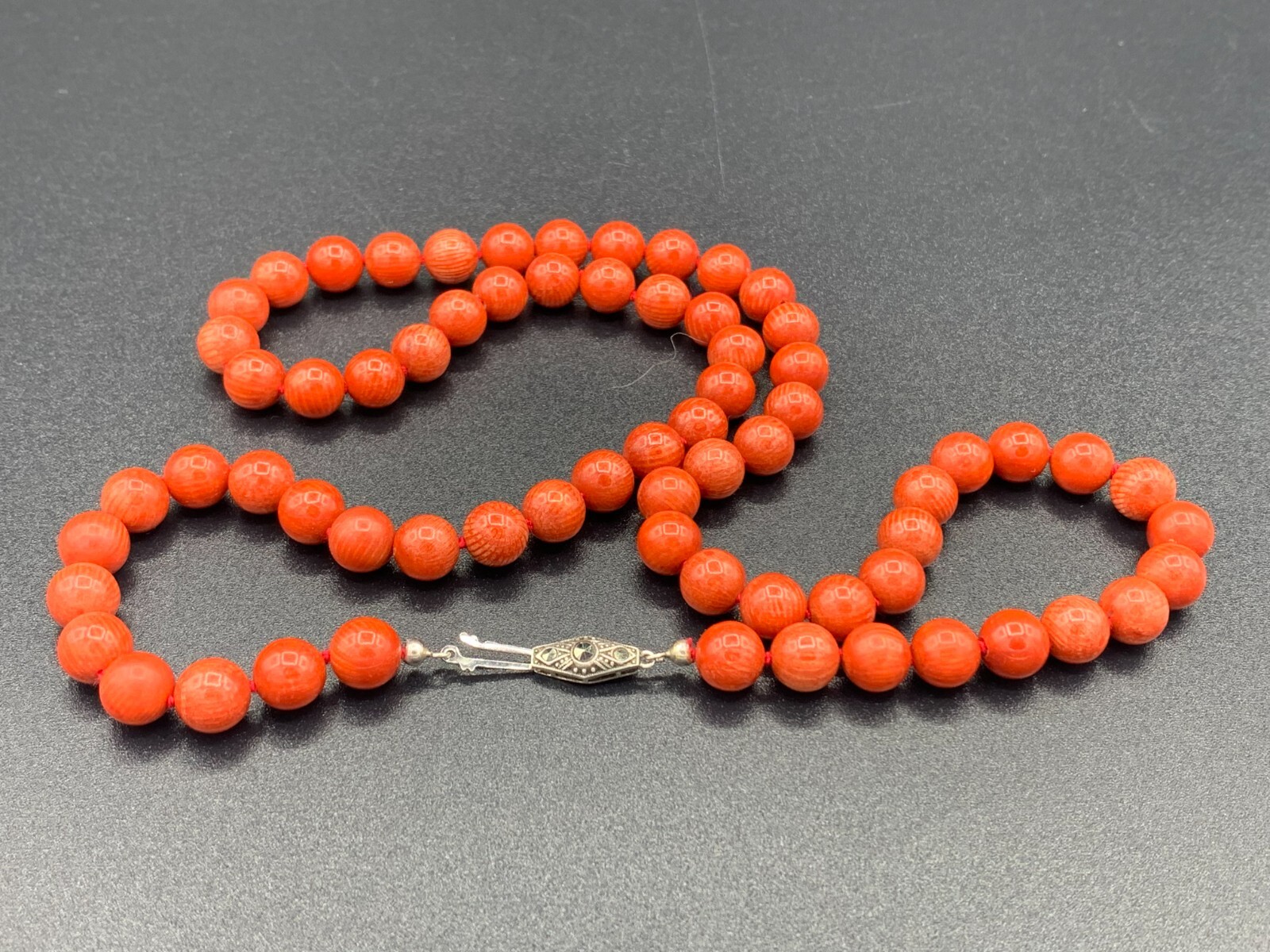 9mm Red Knotted Coral Beads Necklace W/ HB .925 Solid Silver Marcasite Clasp 72g