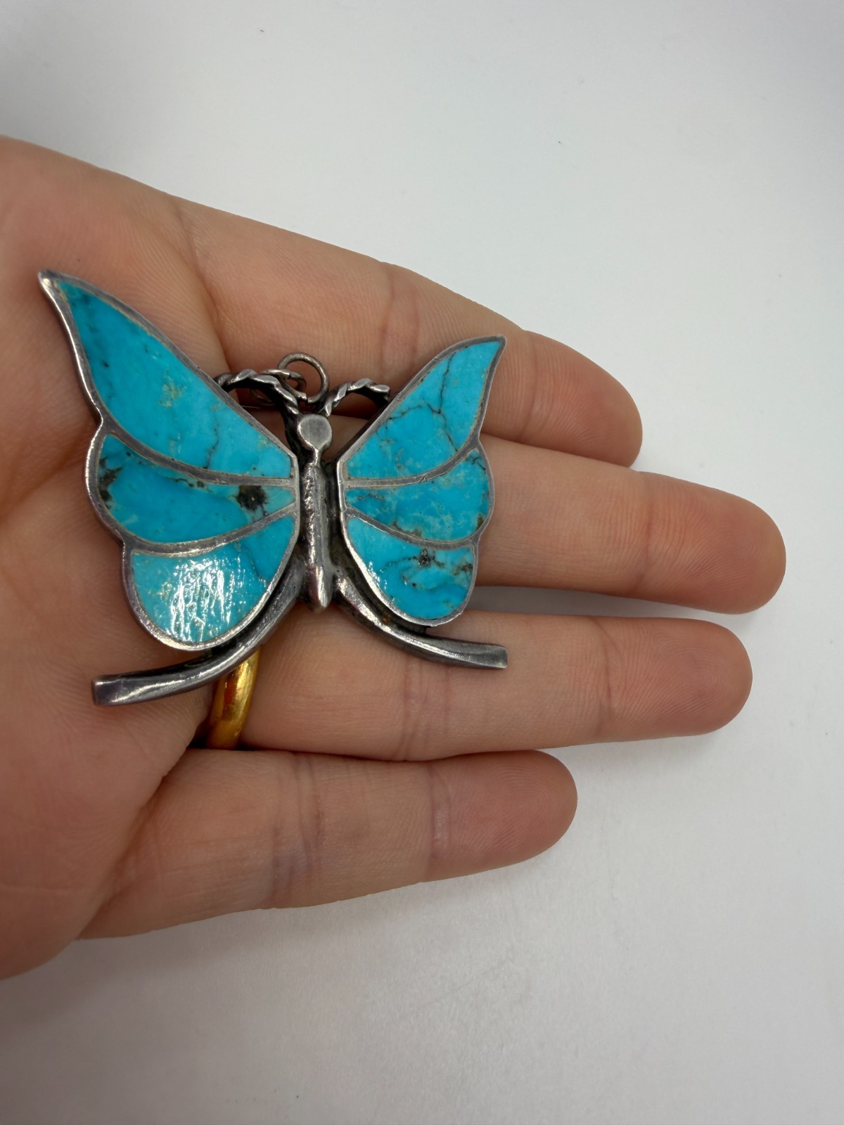 Vintage Butterfly Pendant Turquoise Inlay Sterling Silver 2 Inches 16 gram