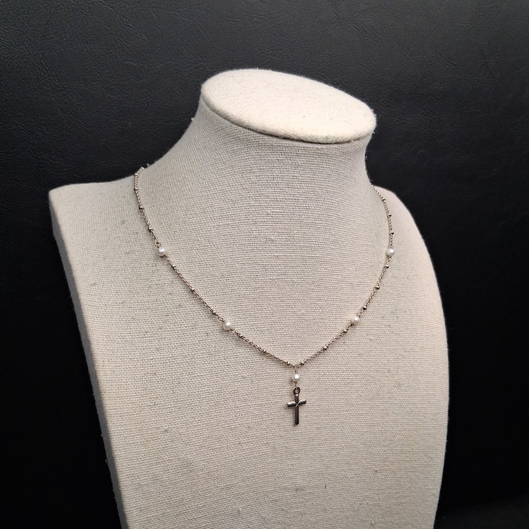 STERLING SILVER 925 Freshwater Pearl Station Necklace Cross Pendant. 17.707