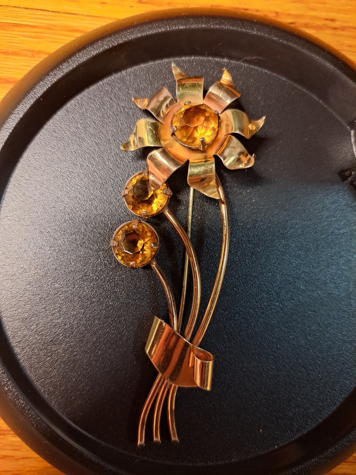 Huge 4″ Sterling Silver Gold Wash Flower Brooch Pin Amber Citrine Glass 16 Grams