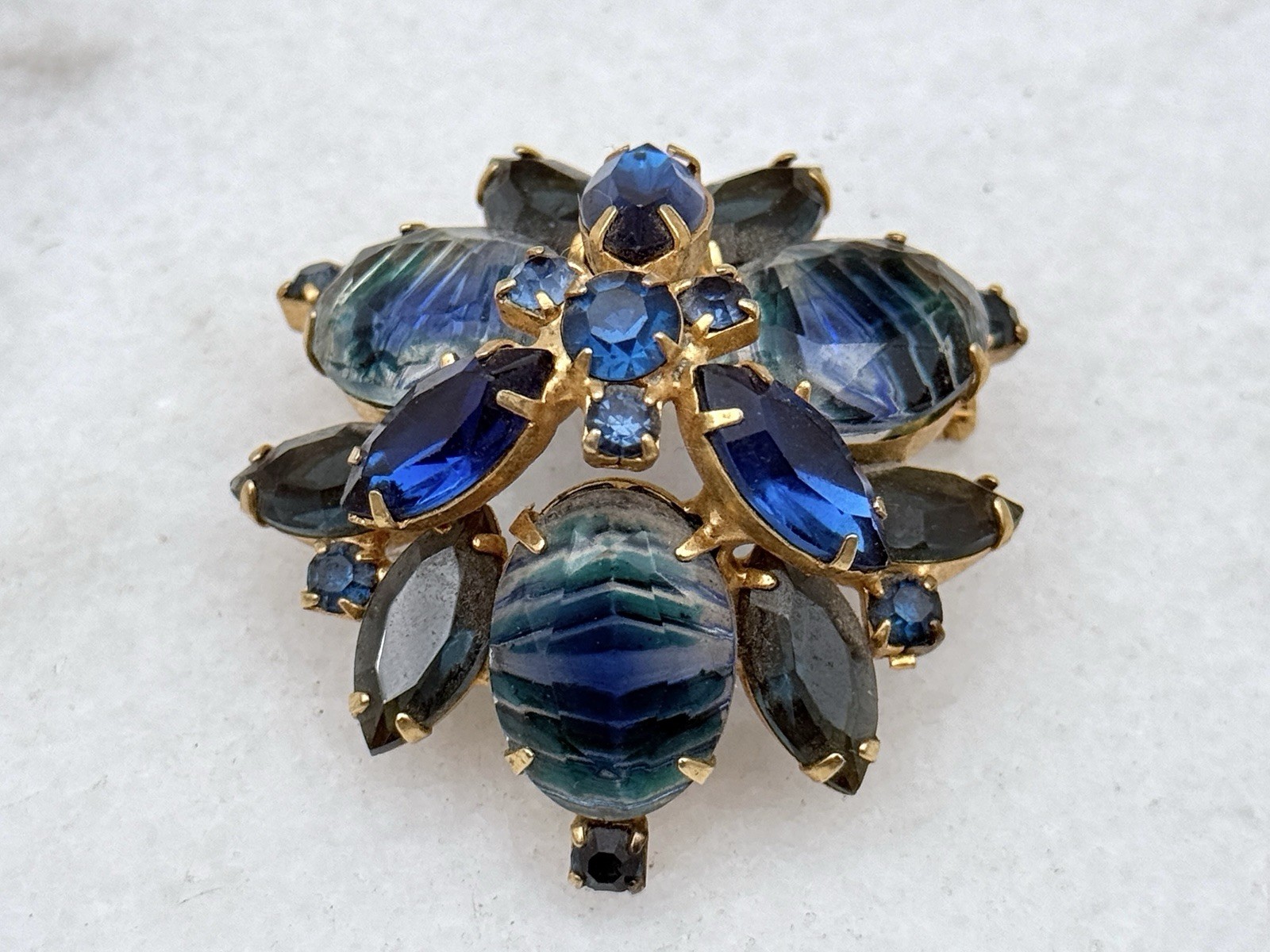 Stunning Vintage Brooch Pin With Blue Stones Layered Domed Rhinestones.