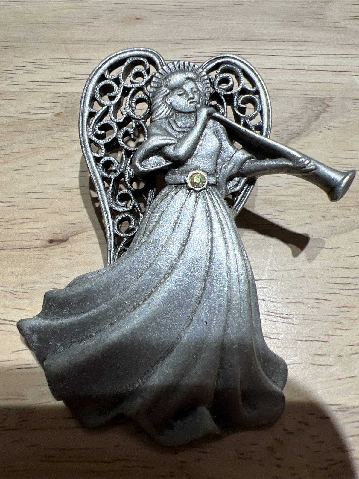 JJ Jonette Pewter Angel Brooch Pin Rhinestone Jewelry Vintage, Christmas.