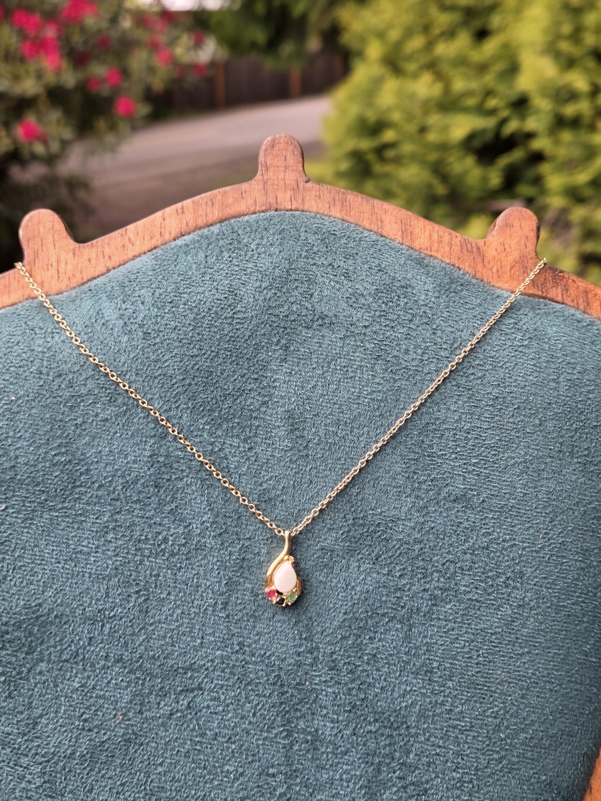 Vintage Faux Opal Ruby Sapphire Emerald Glass Pendant Necklace Chain Art Deco