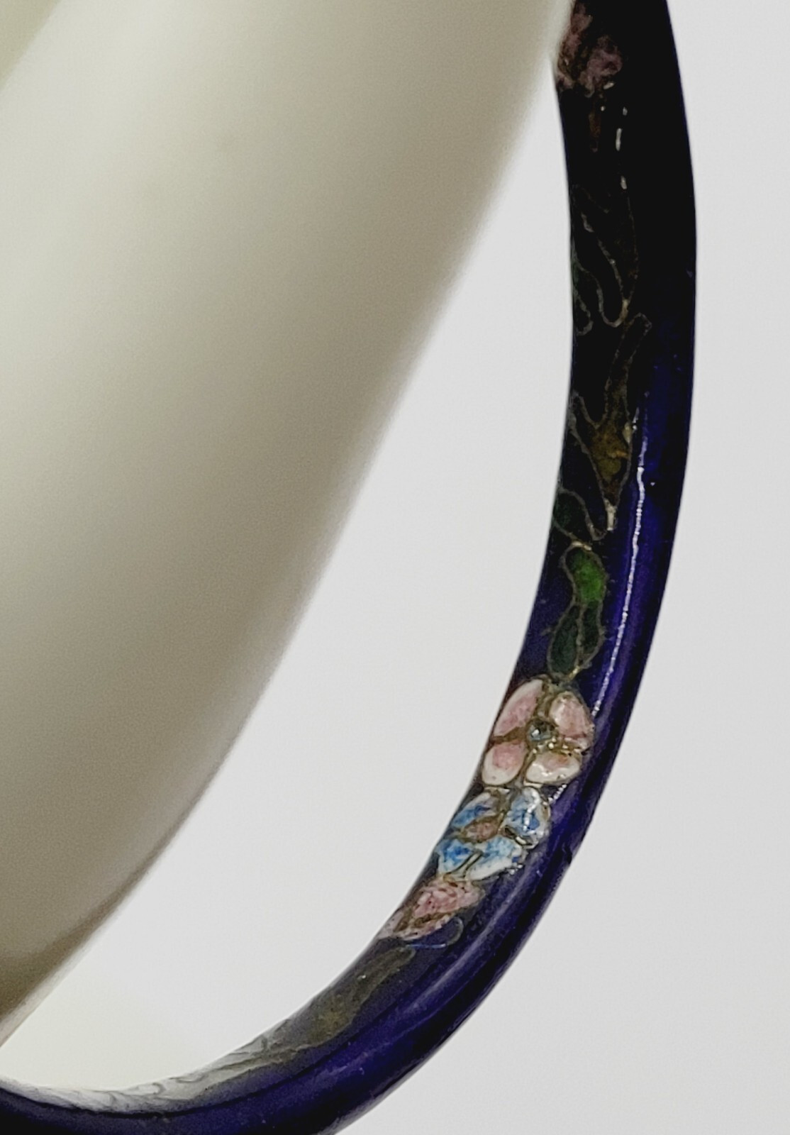 Cloisonné Asian Inspired Dark Cobalt Blue Floral Hand Painted Bangle Bracelet
