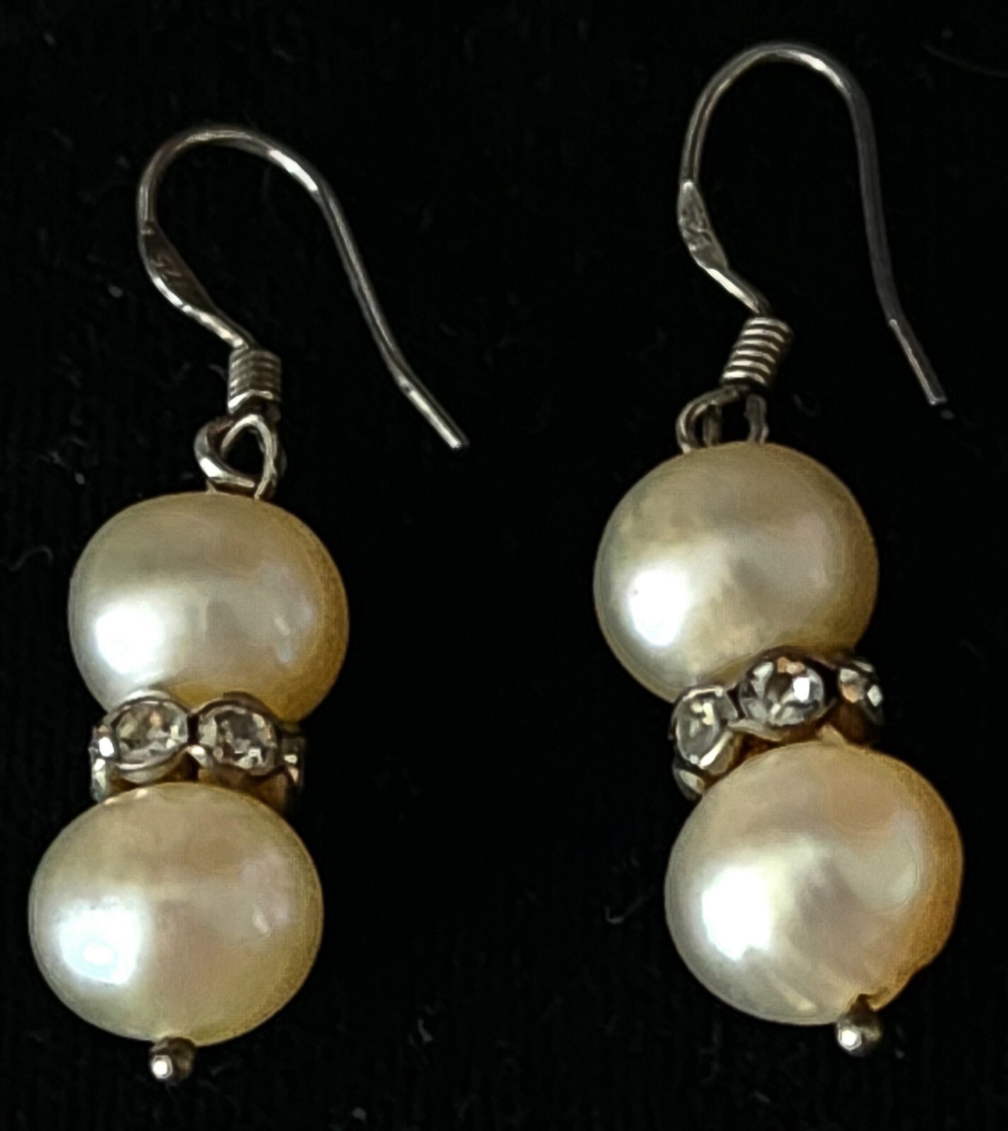 Elegant,2 Tiered Pearl Dangle Earrings, 925 Sterling Silver & Shimmering Crystal