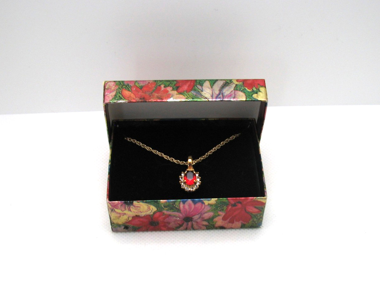 Vintage Simulated Ruby & Clear Crystal Pendant Necklace Enhancer Gold Tone