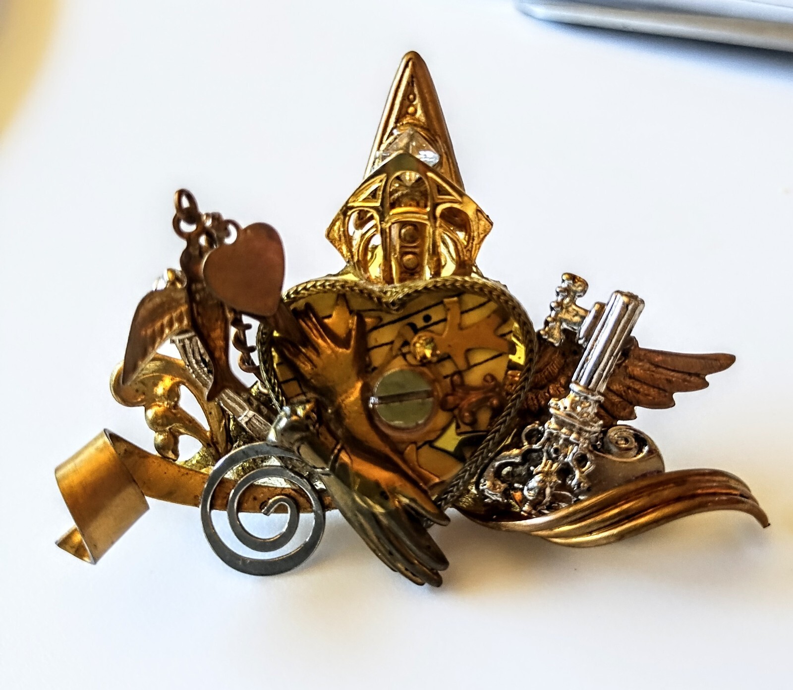 1980s Maximal Art John Wind Heart Brooch w/ Hand, Key & Charms