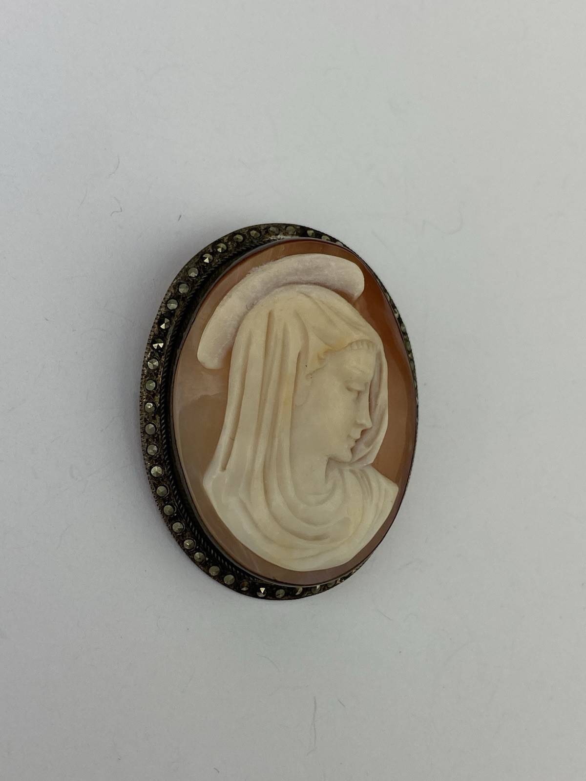 Antique Madonna Cameo Pendant Brooch 900 Silver Marcasite Shell Portrait Signed