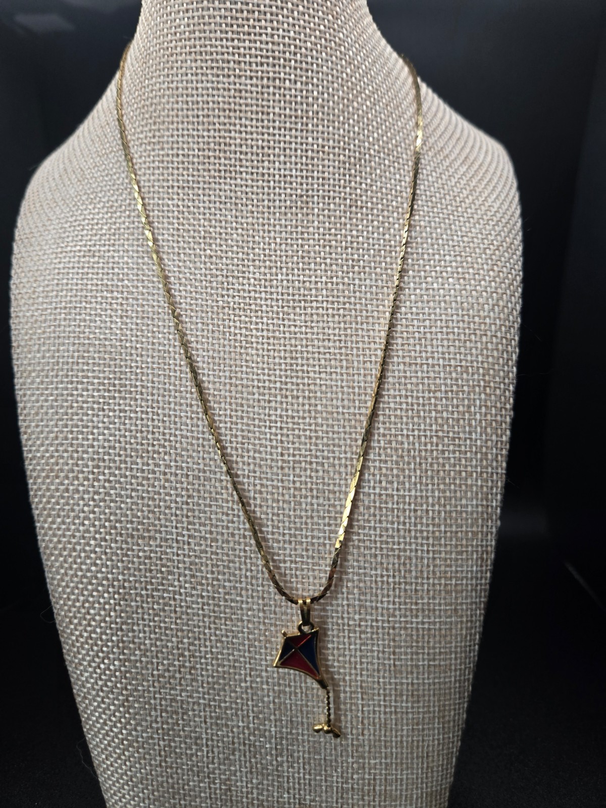 Vintage Monet Kite Pendant, Red and Blue, 16″ Monet Gold Tone Chain Included