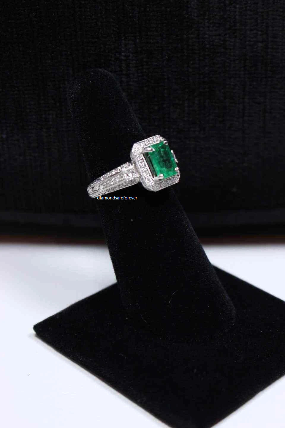Features A Stunning Emerald Cut Emerald With Old European Cut CZ Classic Ring FN