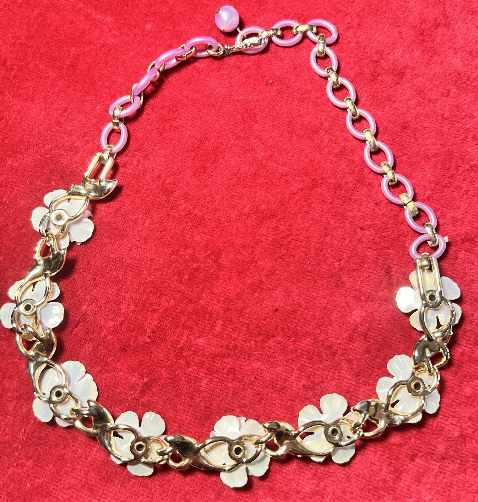 Vtg Coro Necklace Gold Tone Purple Pink White Crystal Flower Motif Adjustable