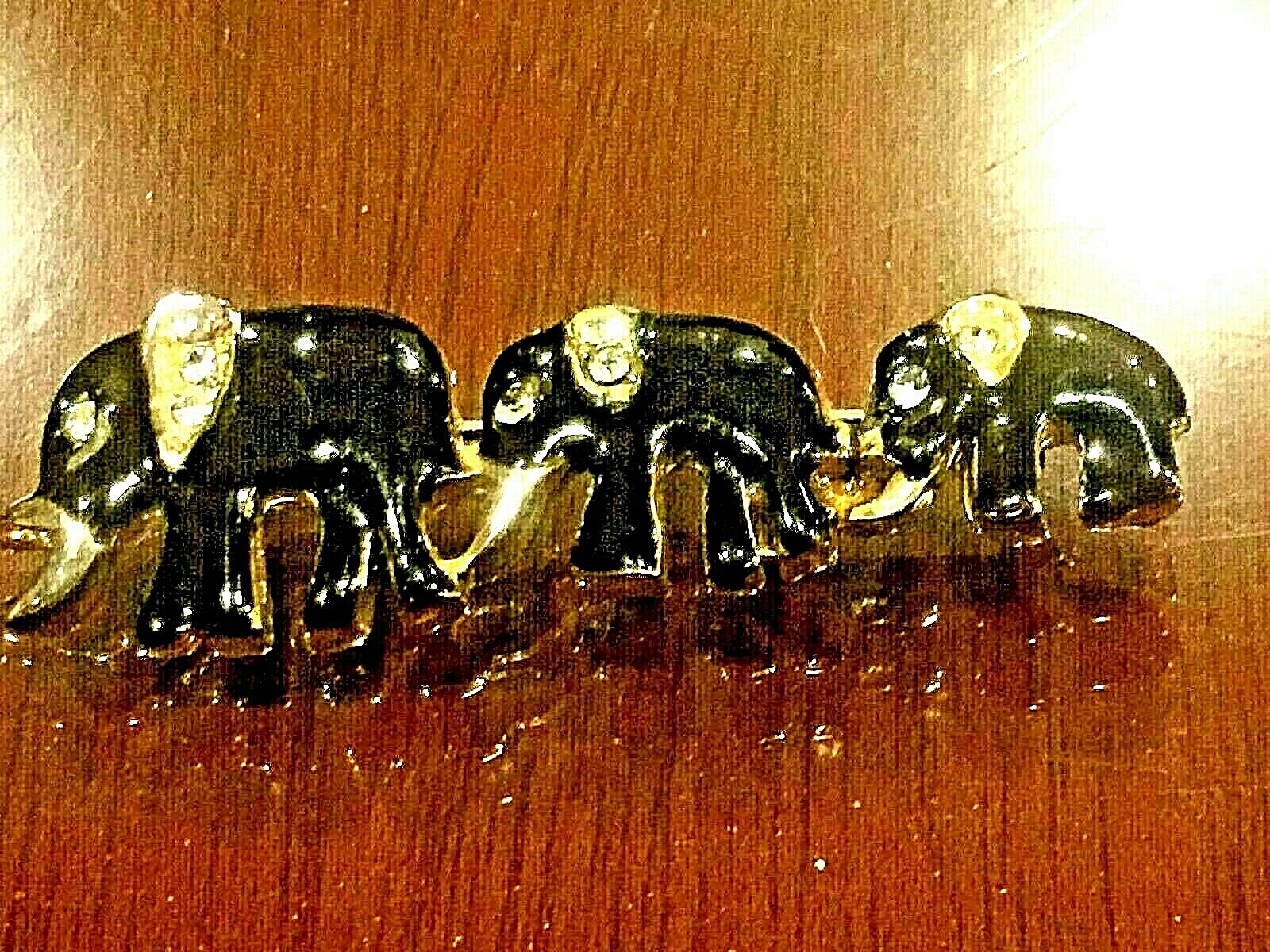 MARKED FASE OF LADY BROOCH PIN 3 ELEPHANT w/BLACK ENAMEL RINE STONES GOLDFILLED